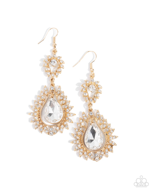 Teardrop Traveler - Gold & White Gem Teardrop Earring Paparazzi E2550