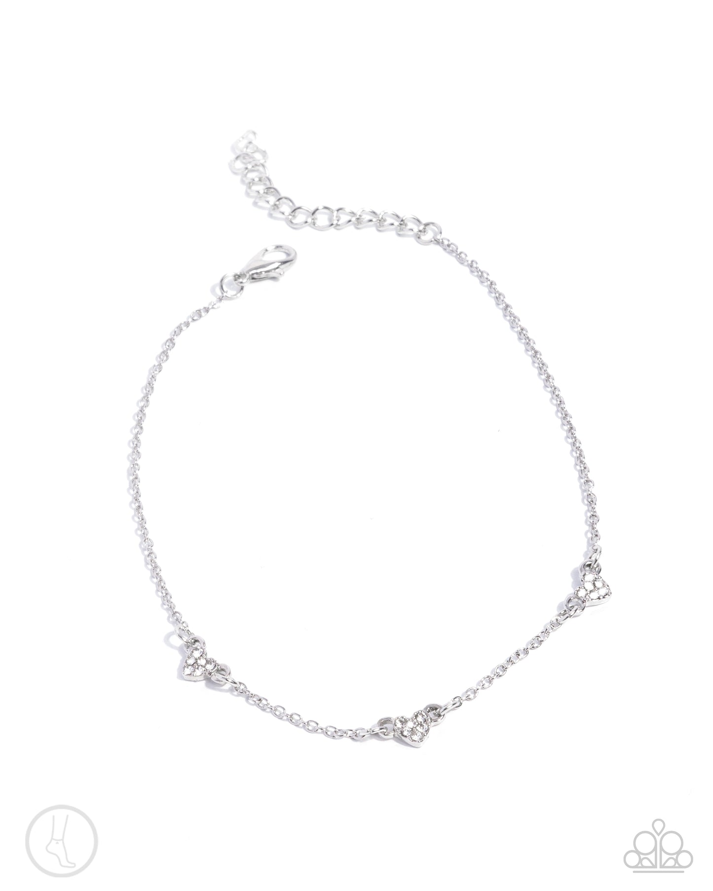 Love Me Hopeless - White Rhinestone Heart Silver Anklet Paparazzi B2052
