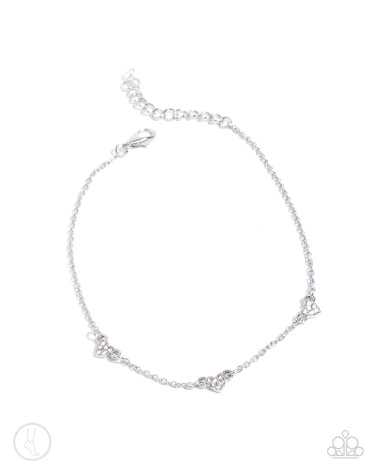 Love Me Hopeless - White Rhinestone Heart Silver Anklet Paparazzi B2052
