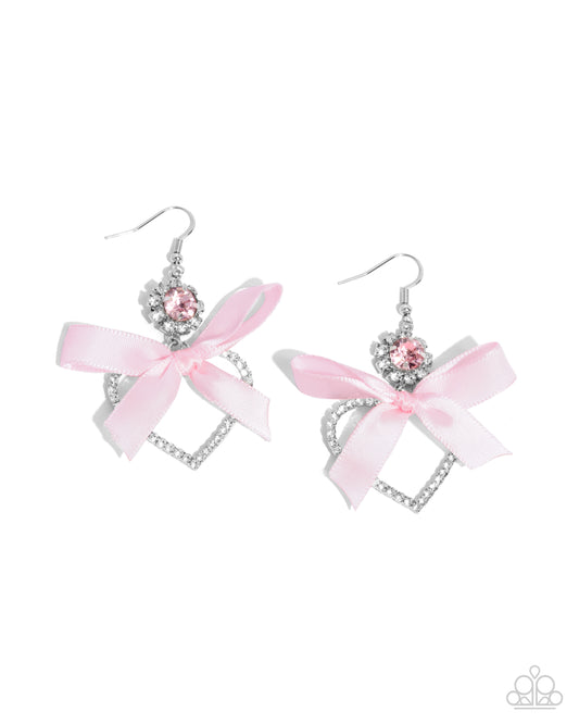Kawaii Keepsake - Pink - Baby Pink Satin Ribbon Bow, Silver & White Rhinestone Heart Earring Paparazzi E2425