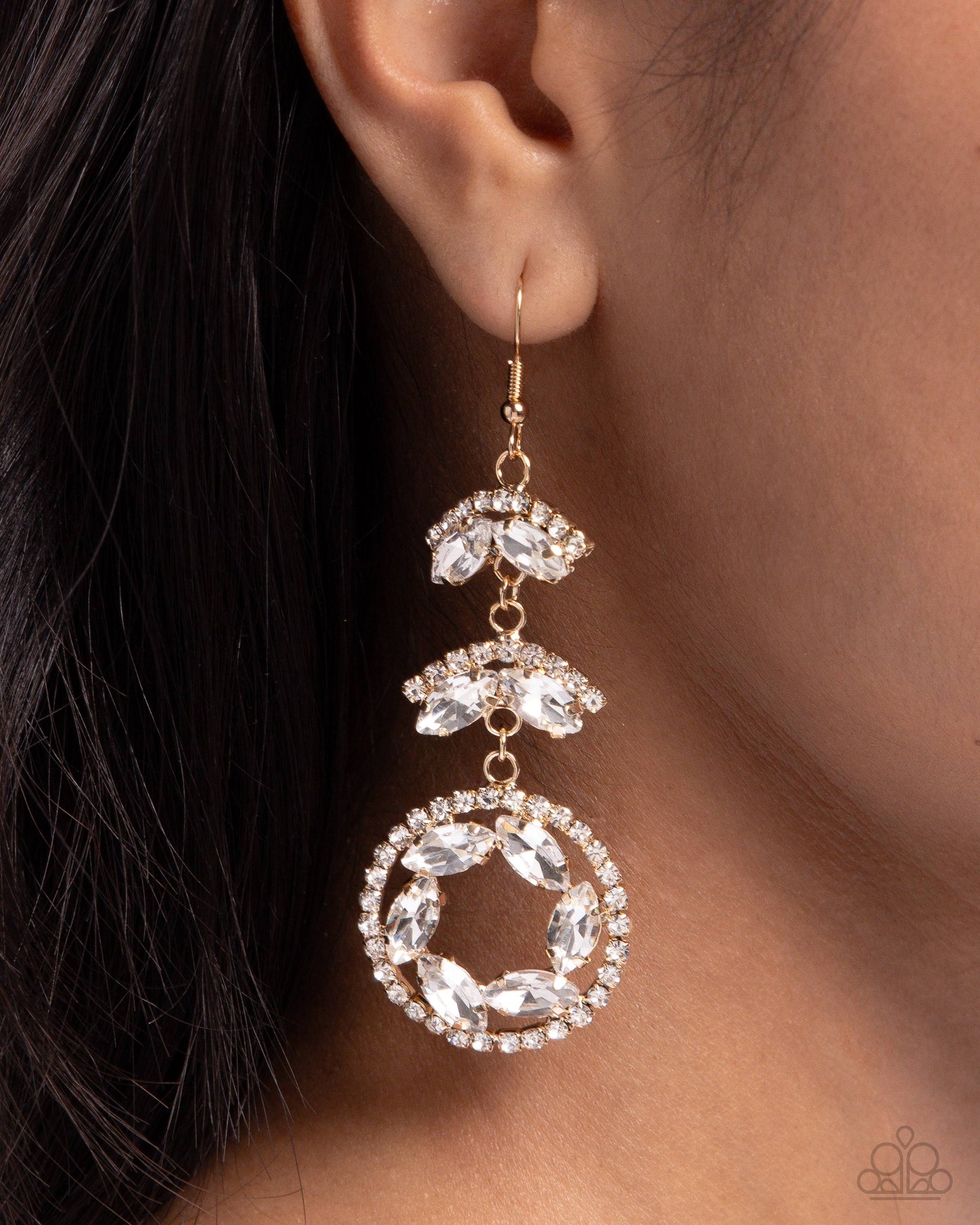 Polished Pattern - Gold, White Rhinestone & Gem Earring Paparazzi E2558