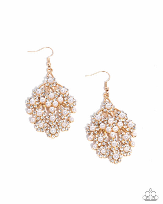 Nautical Netting - Gold Frame, White Pearl & Rhinestone Earring Paparazzi E2790