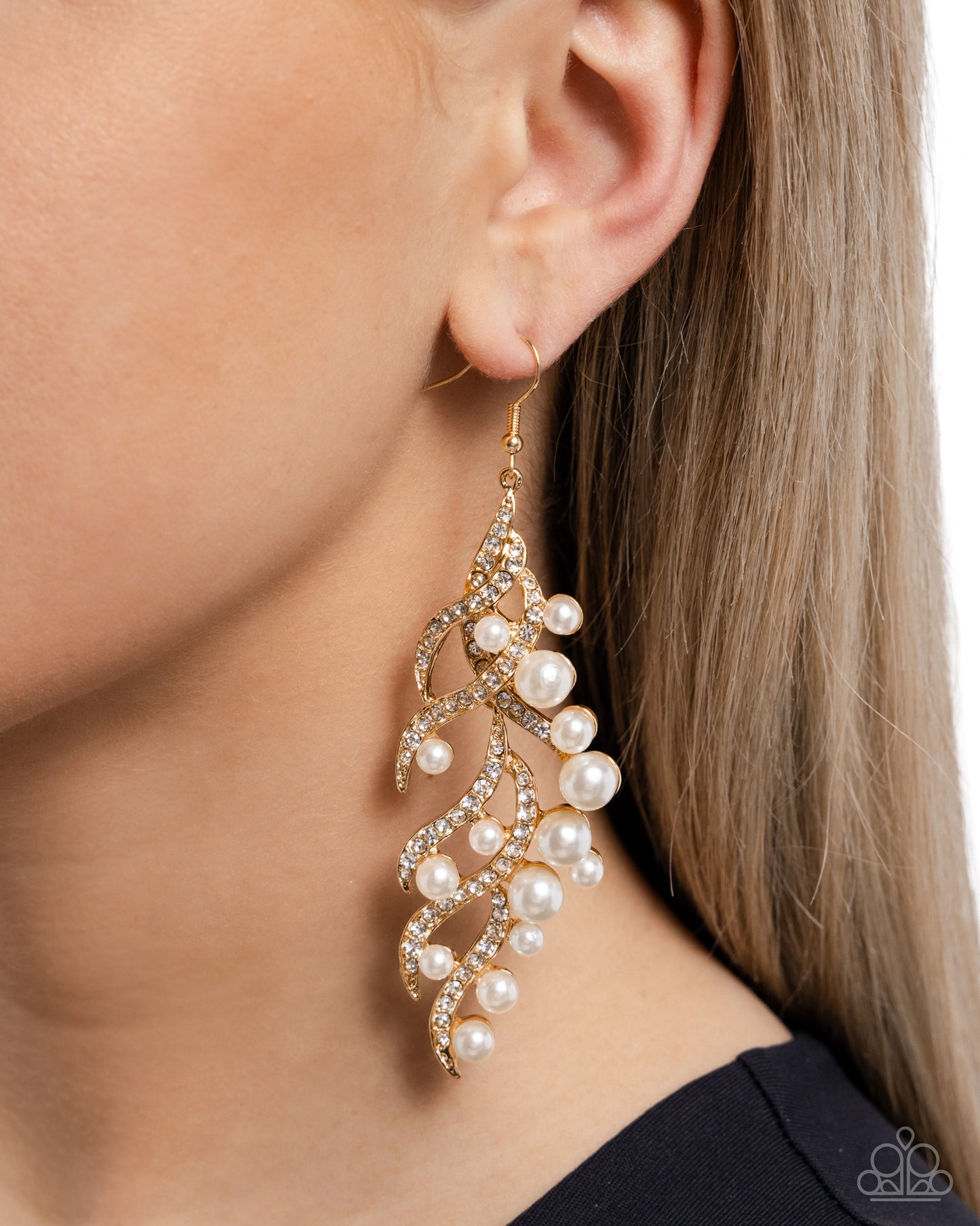 Flourishing Fancy - Gold, White Rhinestone & Pearl Earring Paparazzi E2499