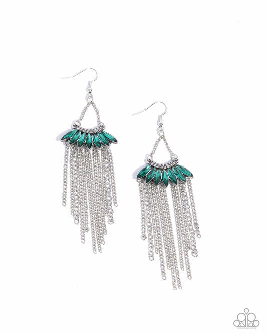 Fringe Feature - Green Gem & White Rhinestone Chain Fringe Earring Paparazzi E2518
