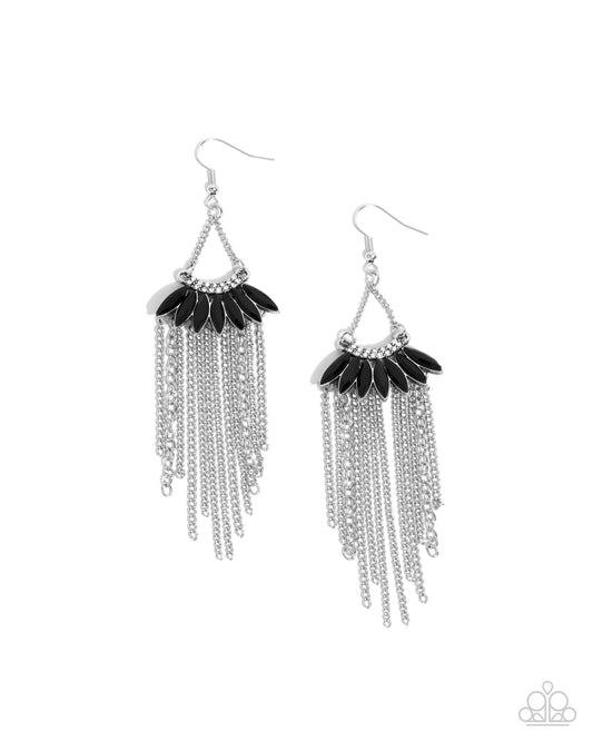 Fringe Feature - Black Marquise Gem & Silver Chain Fringe Earring Paparazzi E2517