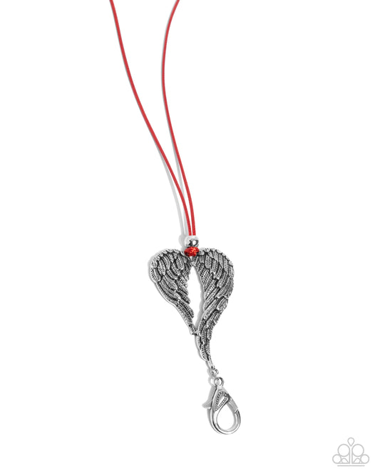 Angelic Attraction - Red Cord & Silver Angel Wing Lanyard Style Necklace Paparazzi N2853