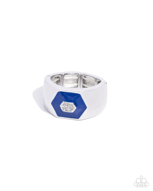 Hexagonal Headliner - Blue - Royal Blue Painted & White Rhinestone Urban Men's Ring Paparazzi R0822