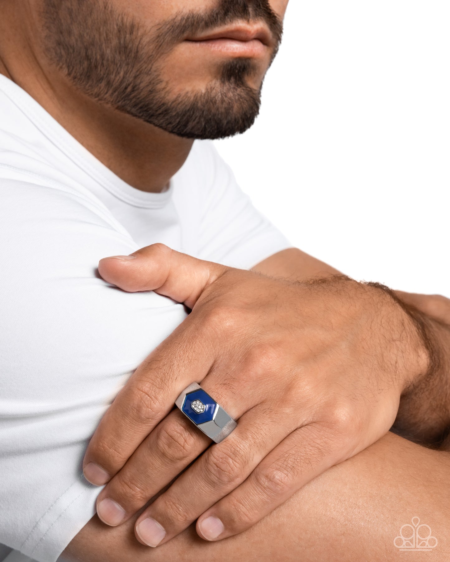 Hexagonal Headliner - Blue - Royal Blue Painted & White Rhinestone Urban Men's Ring Paparazzi R0822