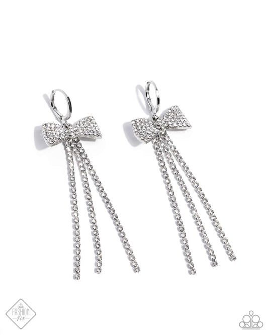 Dashing Daydream - White Rhinestone Bow Charm Earring Fiercely 5th Avenue Fashion Fix August 2024 Paparazzi E3104