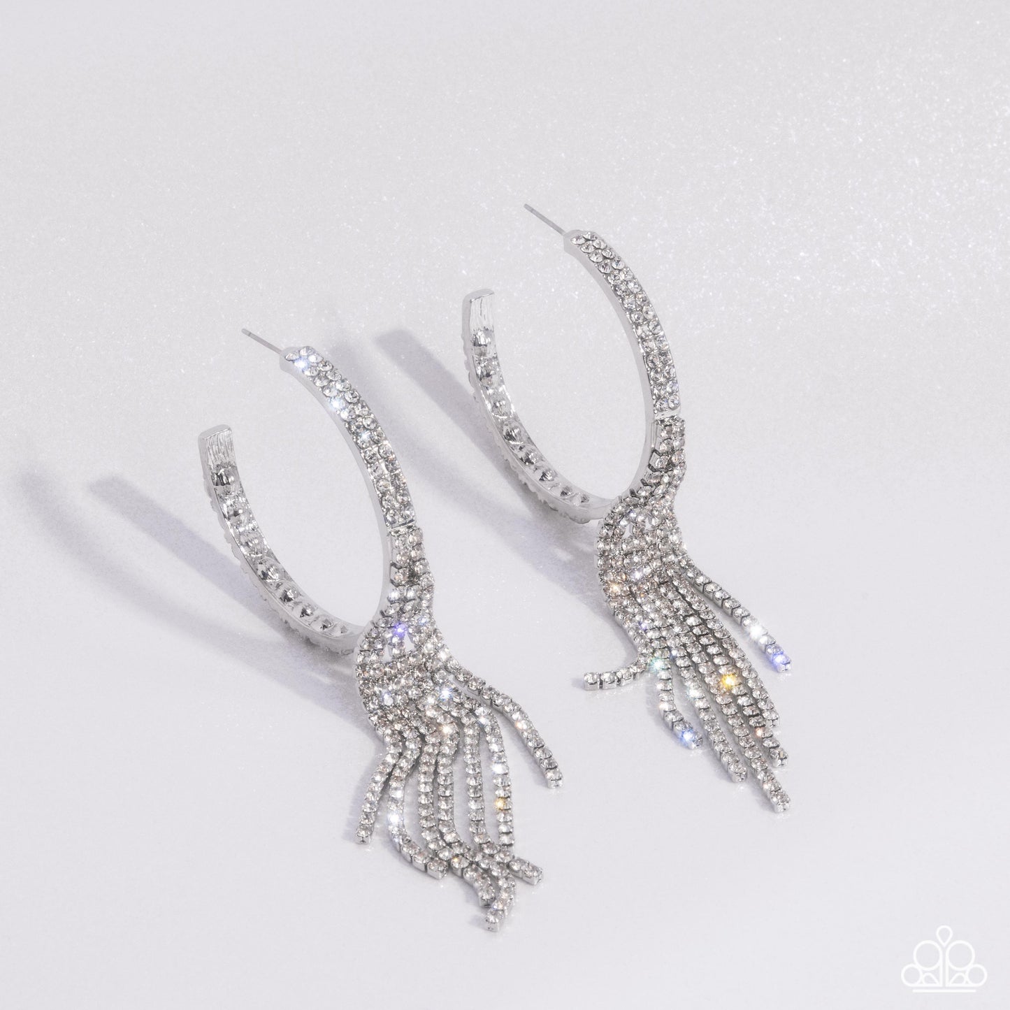 Jaw-Dropping Jubilee - White Rhinestone Fringe 2 1/2 Inch Hoop Earring Life Of The Party September 2024 Paparazzi E2379