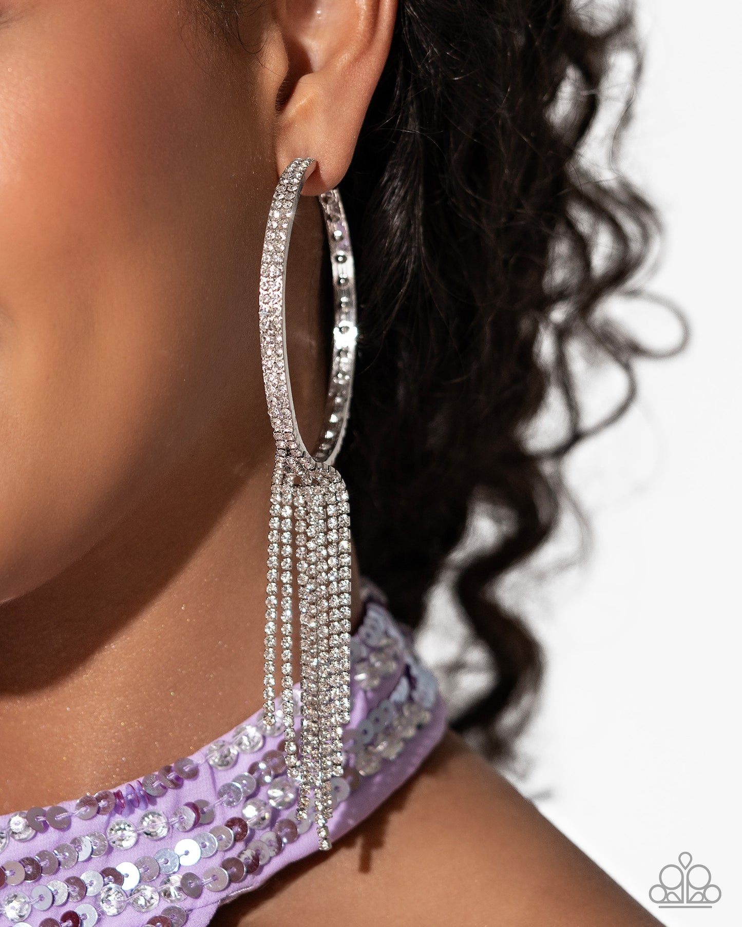 Jaw-Dropping Jubilee - White Rhinestone Fringe 2 1/2 Inch Hoop Earring Life Of The Party September 2024 Paparazzi E2379