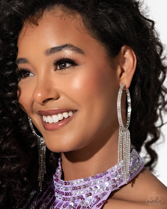 Jaw-Dropping Jubilee - White Rhinestone Fringe 2 1/2 Inch Hoop Earring Life Of The Party September 2024 Paparazzi E2379