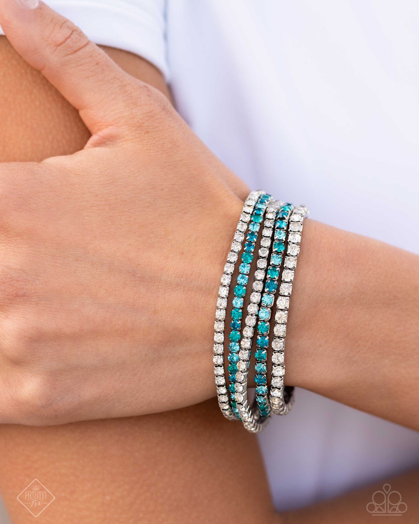 Feminine Fan - Blue Aquamarine, Zircon & White Gem Stretch Bracelet Set Of 5 5th Avenue Fashion Fix July 2024 Paparazzi B1987