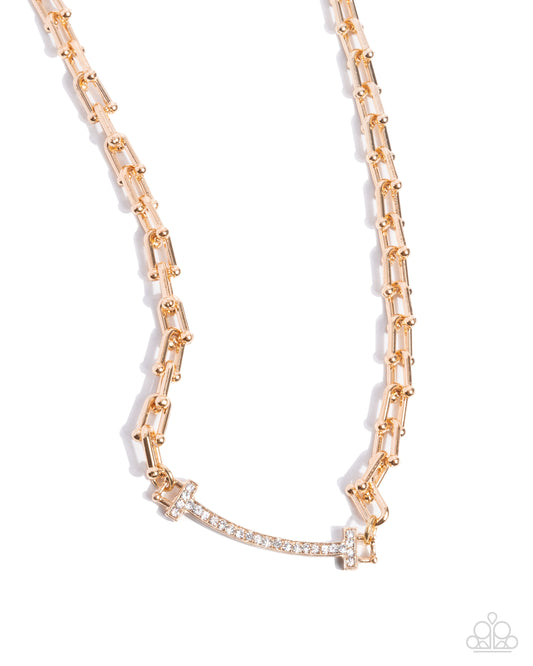 Anchored Actress - Gold Anchor Chain, Elongated Gold Bar White Rhinestone Embellished Necklace Paparazzi N0813