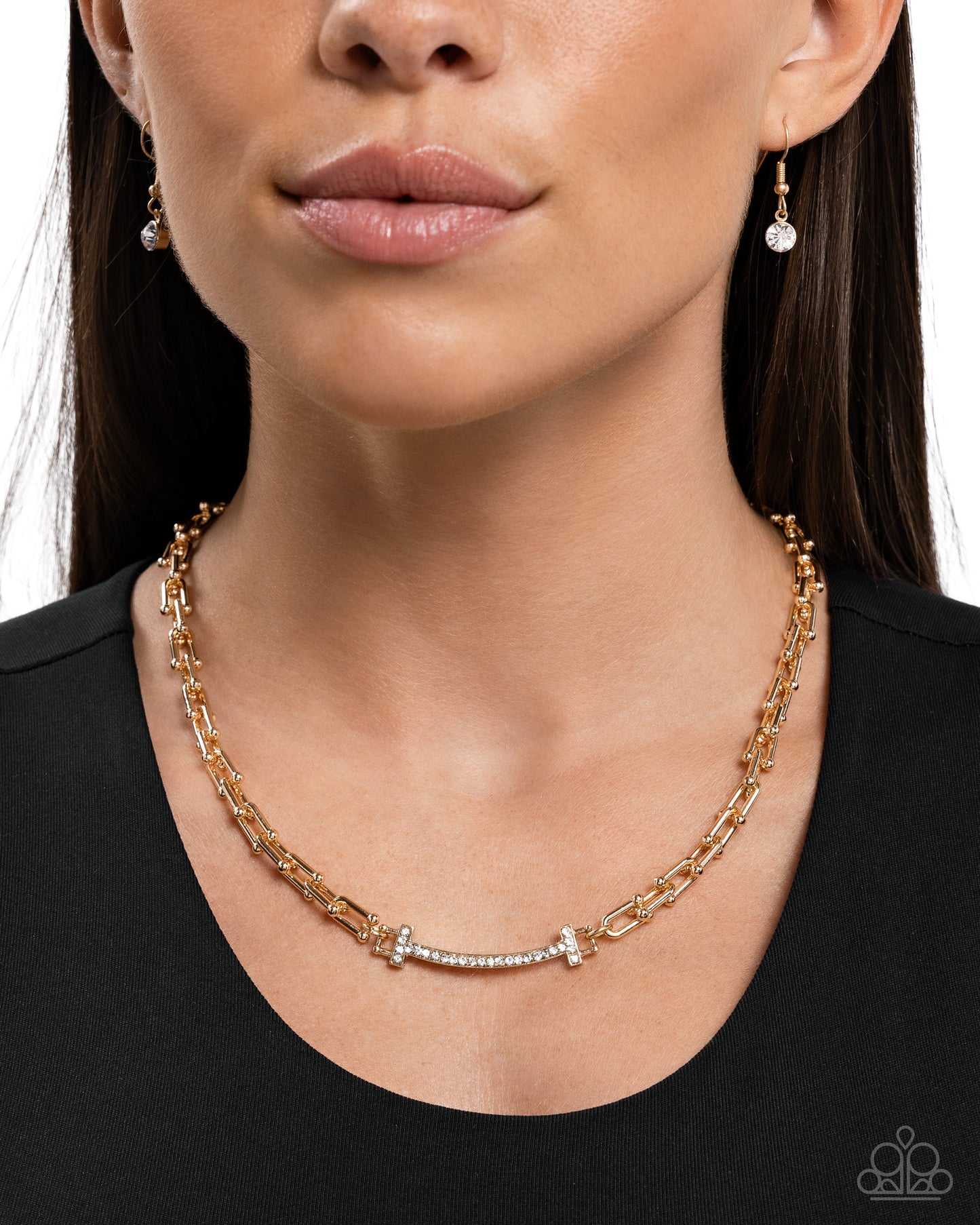 Anchored Actress - Gold Anchor Chain, Elongated Gold Bar White Rhinestone Embellished Necklace Paparazzi N0813