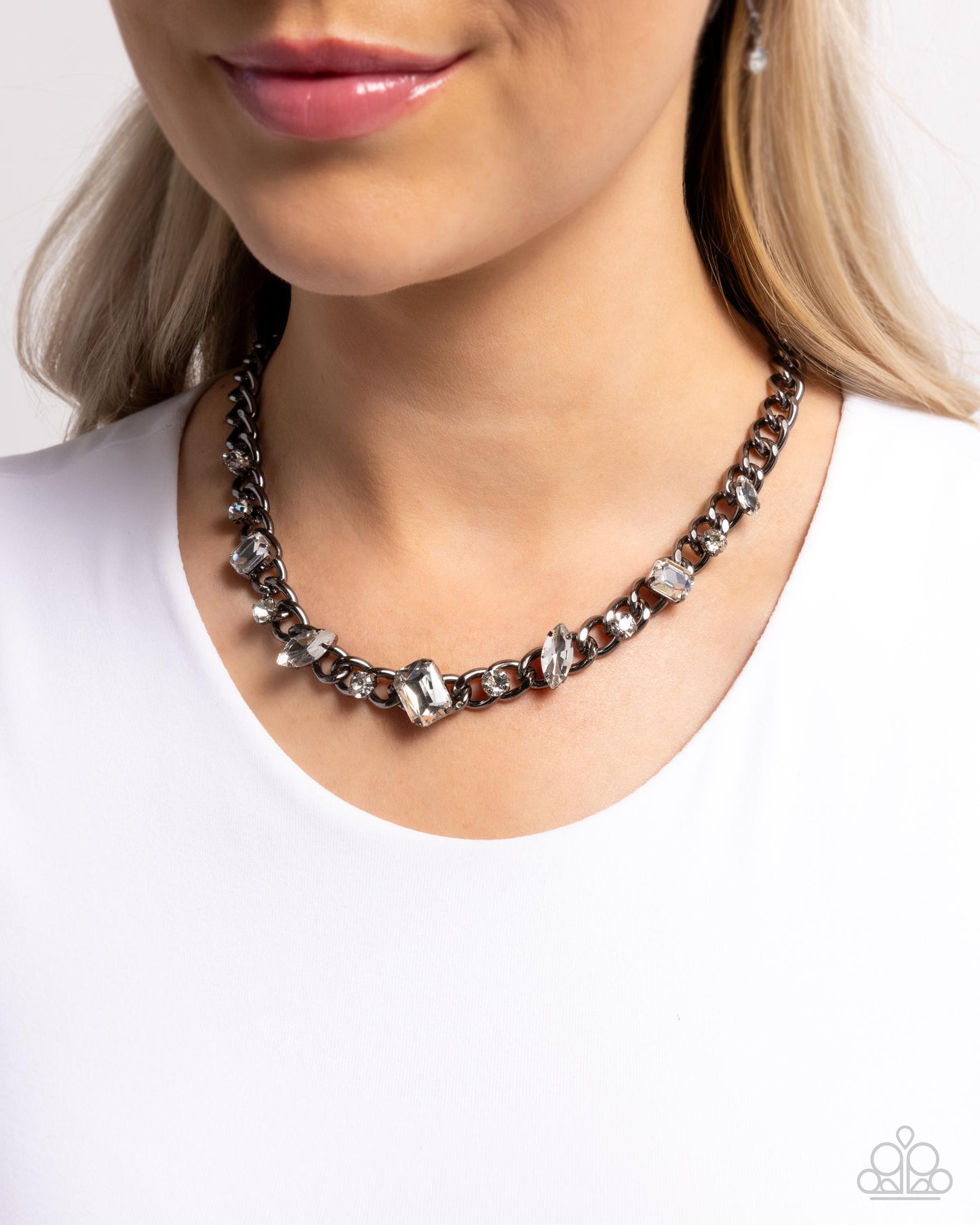 Pronged Perfection - Black Gunmetal Curb Chain, White Gem Necklace Paparazzi N2135