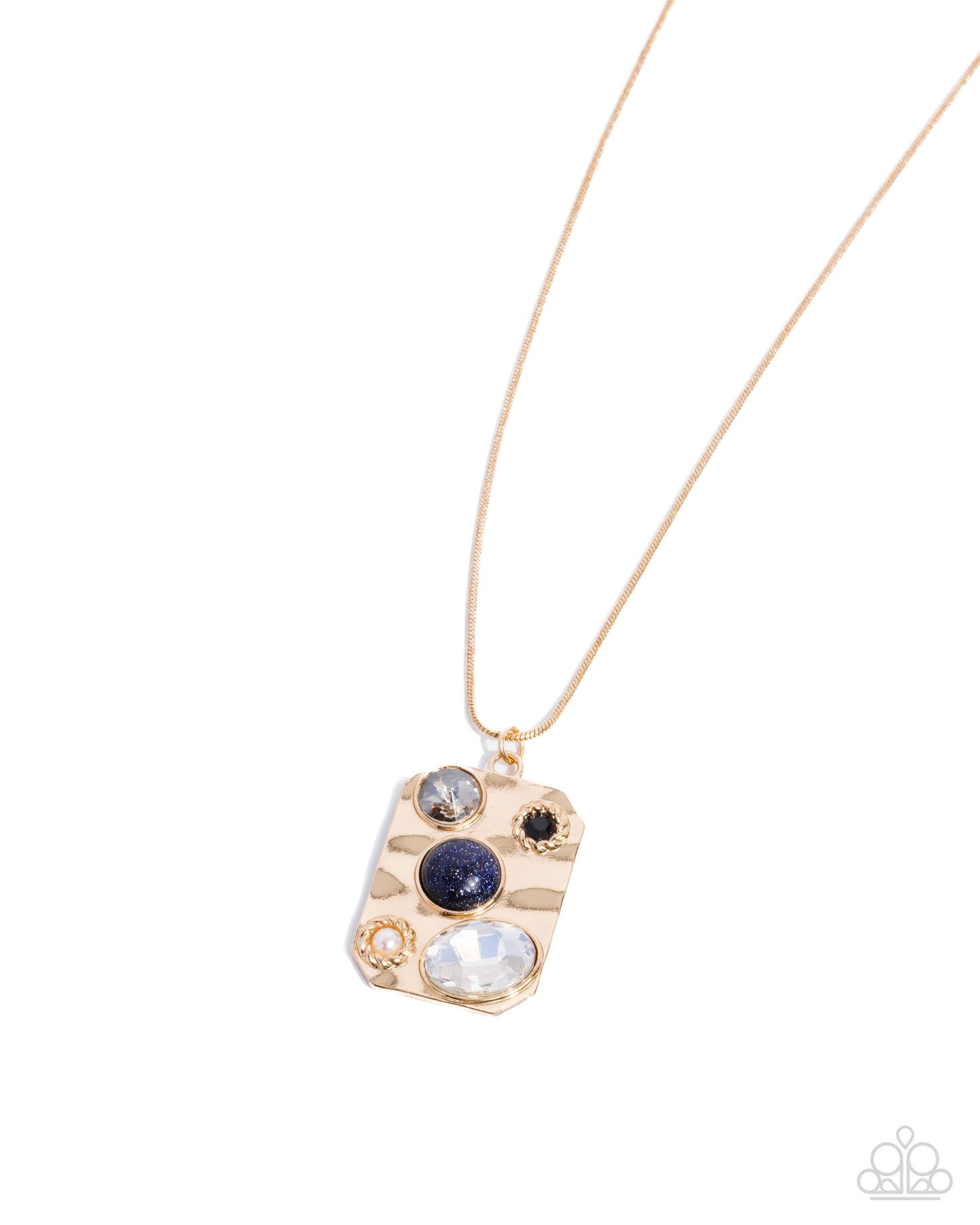 Admirably Abstract - Black Rhinestone, White Gem & Gold Hammered Pendant Necklace Paparazzi N2734