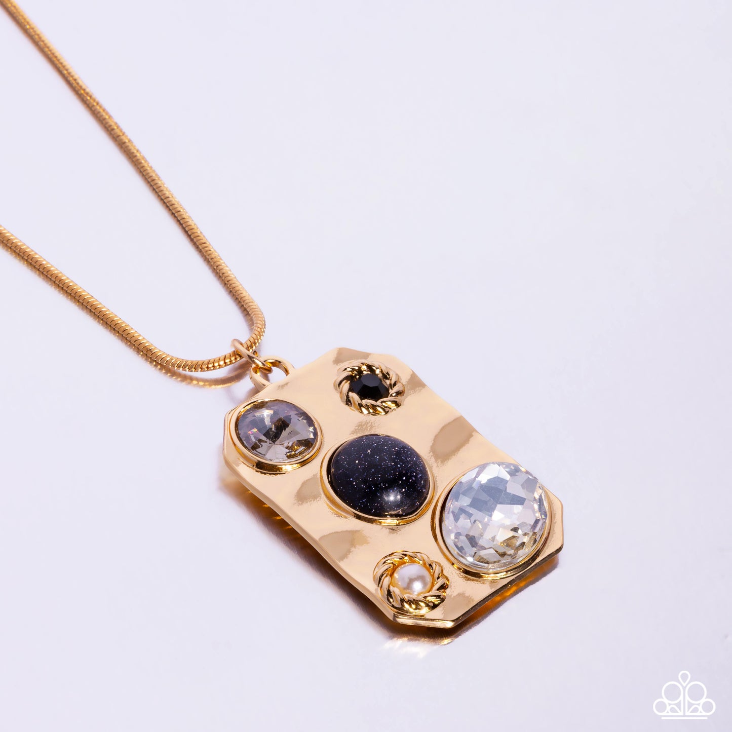 Admirably Abstract - Black Rhinestone, White Gem & Gold Hammered Pendant Necklace Paparazzi N2734