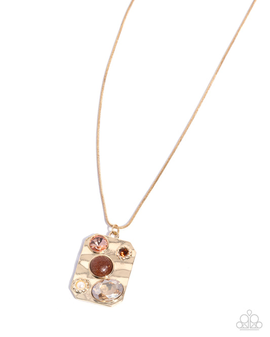 Admirably Abstract - Brown Light Topaz, & Peach Gem Gold Hammered Pendant Necklace Paparazzi N2776