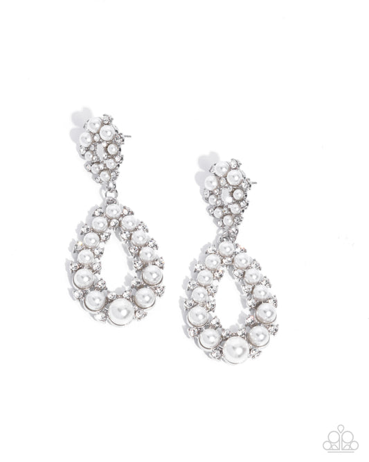 Dapper Debut - White Rhinestone & Pearl Silver Teardrop Earring Paparazzi