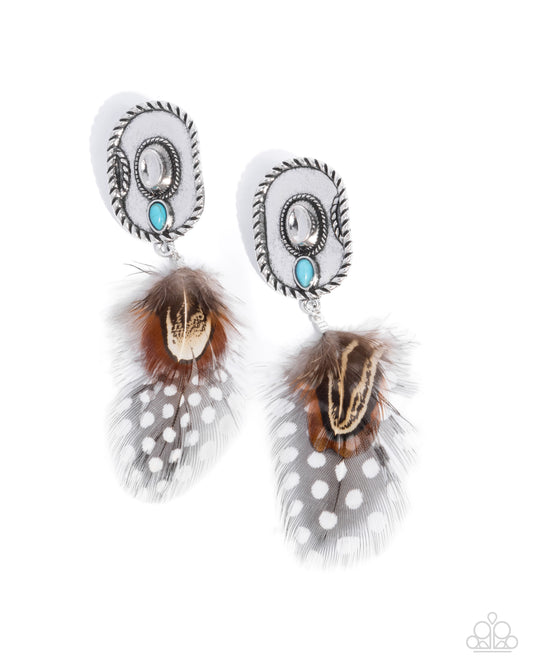 Feathered Fairy Tale - Brown Patterned Feather & Silver Cowboy Hat Santa Fe Style Post Earring Paparazzi E2522