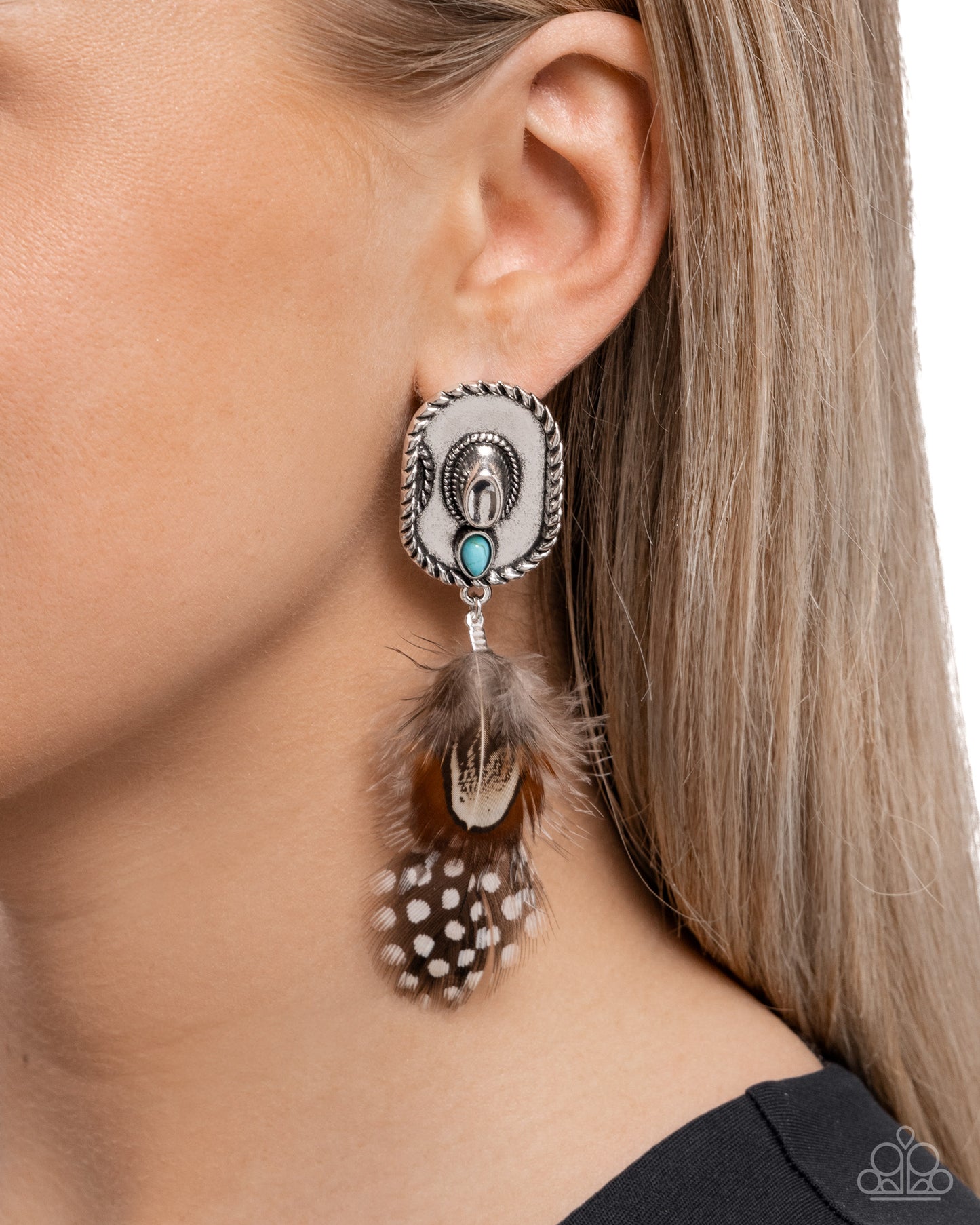 Feathered Fairy Tale - Brown Patterned Feather & Silver Cowboy Hat Santa Fe Style Post Earring Paparazzi E2522