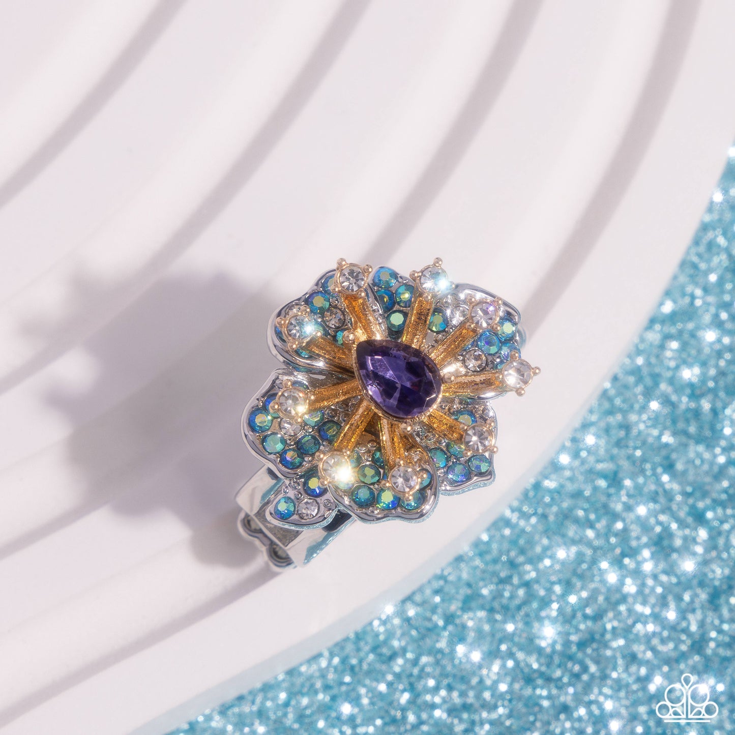 Decadent Display - Purple Teardrop Gem, Blue Iridescent & White Rhinestone Ring Paparazzi R0861