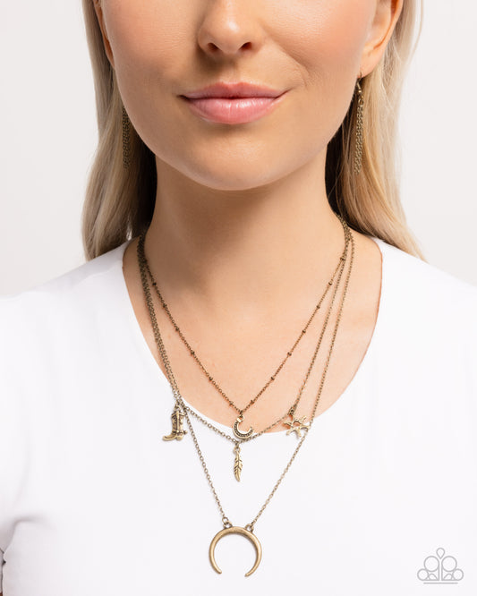 Saloon Sass - Brass Western Horseshoe, Sheriff Star, Feather & Cowboy Boot Charm Santa Fe Style Necklace Paparazzi N2809
