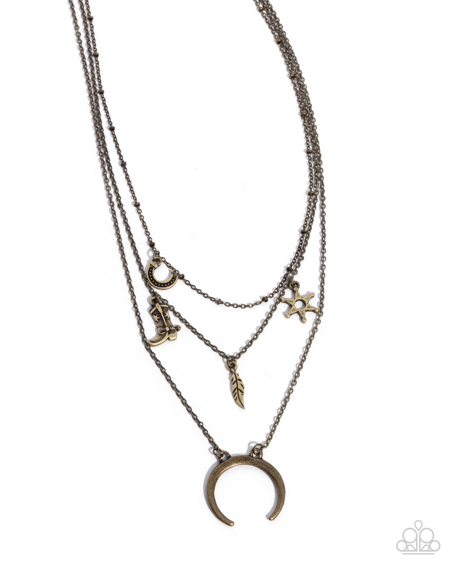 Saloon Sass - Brass Western Horseshoe, Sheriff Star, Feather & Cowboy Boot Charm Santa Fe Style Necklace Paparazzi N2809