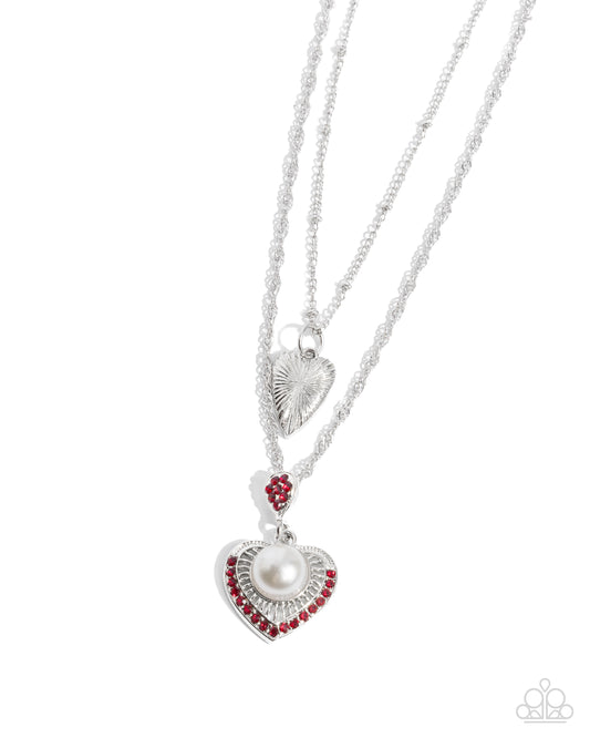Abstract Affection - Red Rhinestone, White Pearl, Silver Heart Layered Necklace Paparazzi N2890