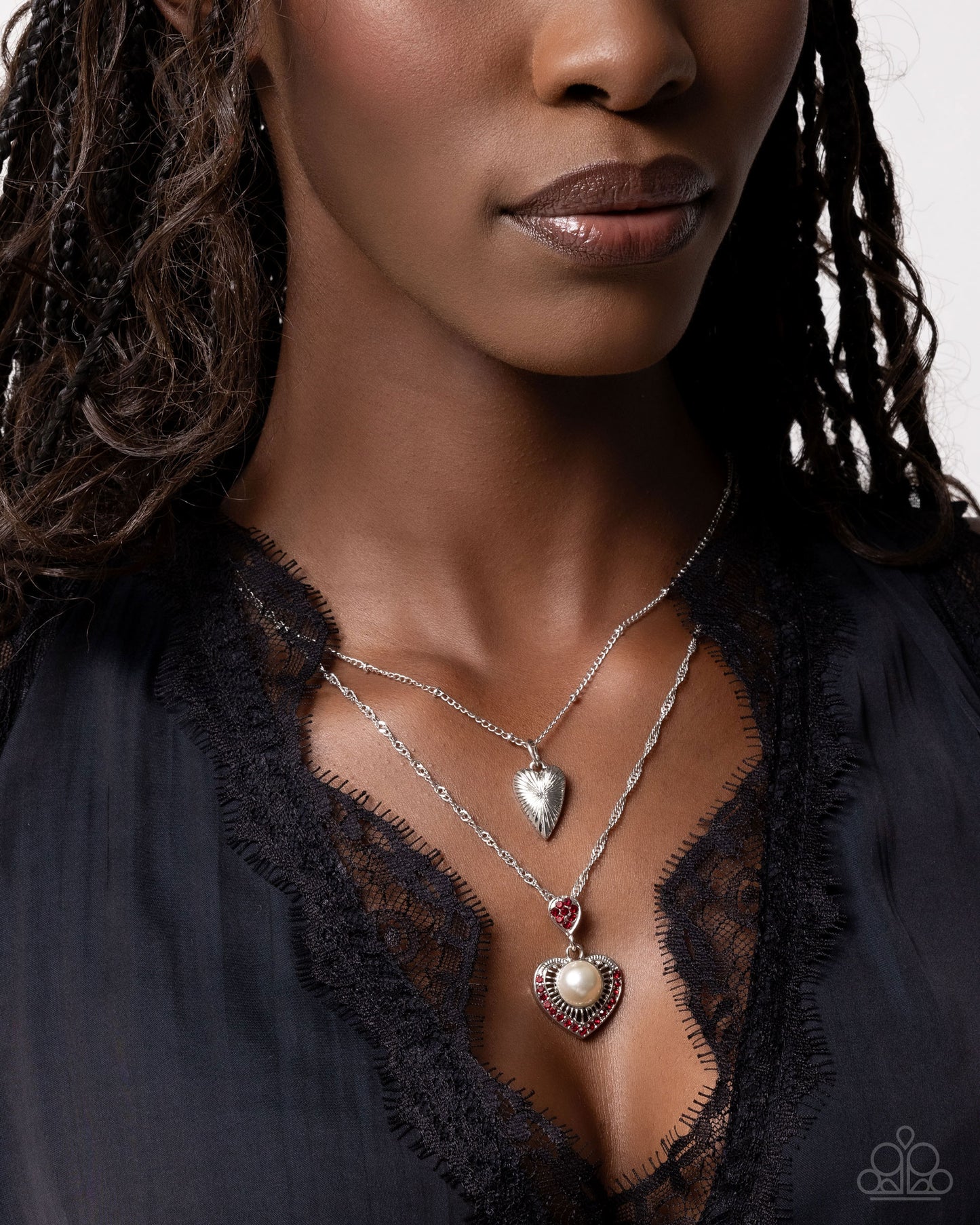 Abstract Affection - Red Rhinestone, White Pearl, Silver Heart Layered Necklace Paparazzi N2890
