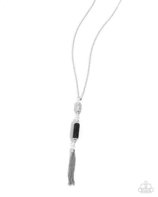 Vertical Vacation - Black Marbled Stone Silver Tassel Necklace Paparazzi N3216