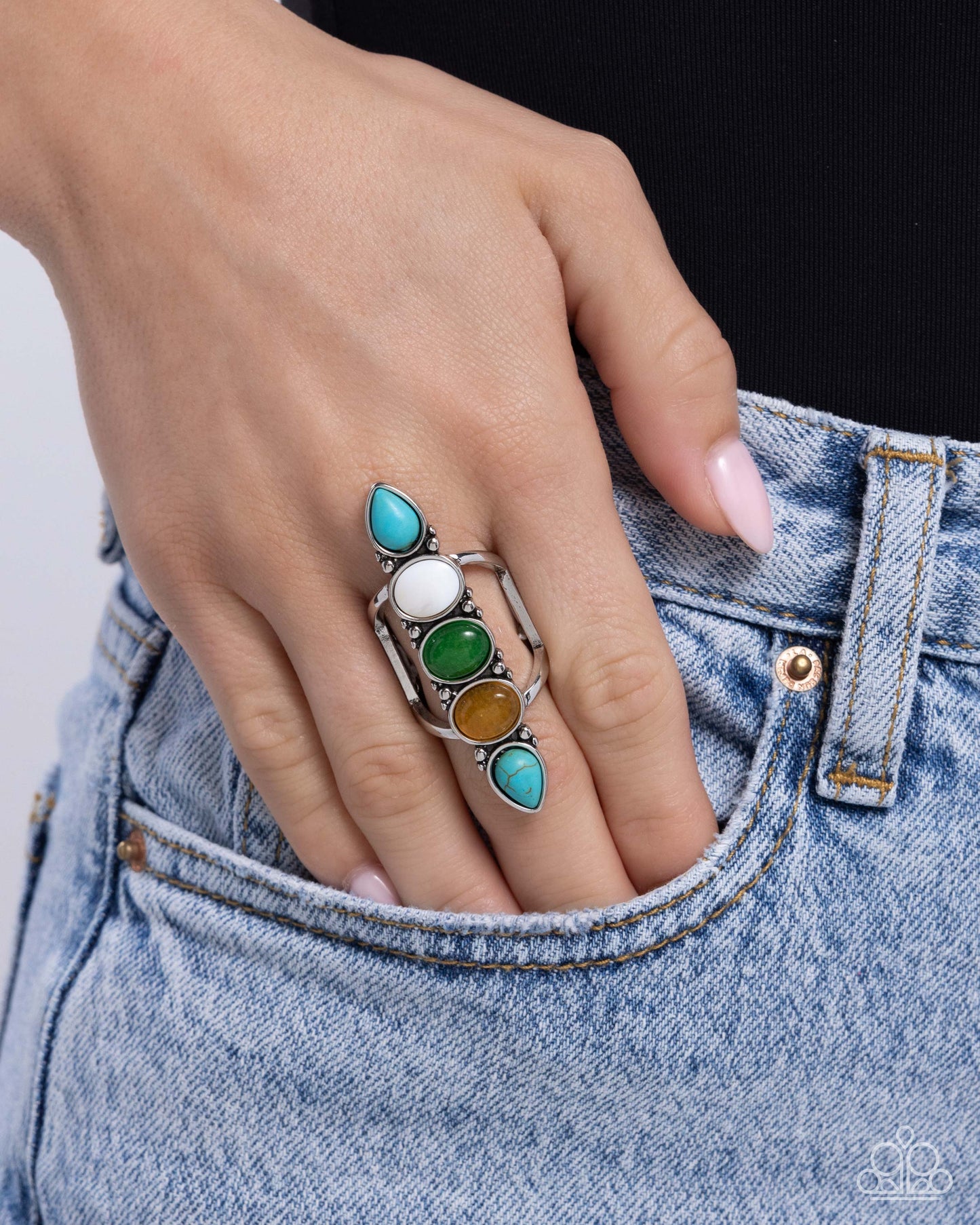 I See Your Point - Green Jade, Blue Turquoise, Orange Stone Santa Fe Style Ring Paparazzi R0865