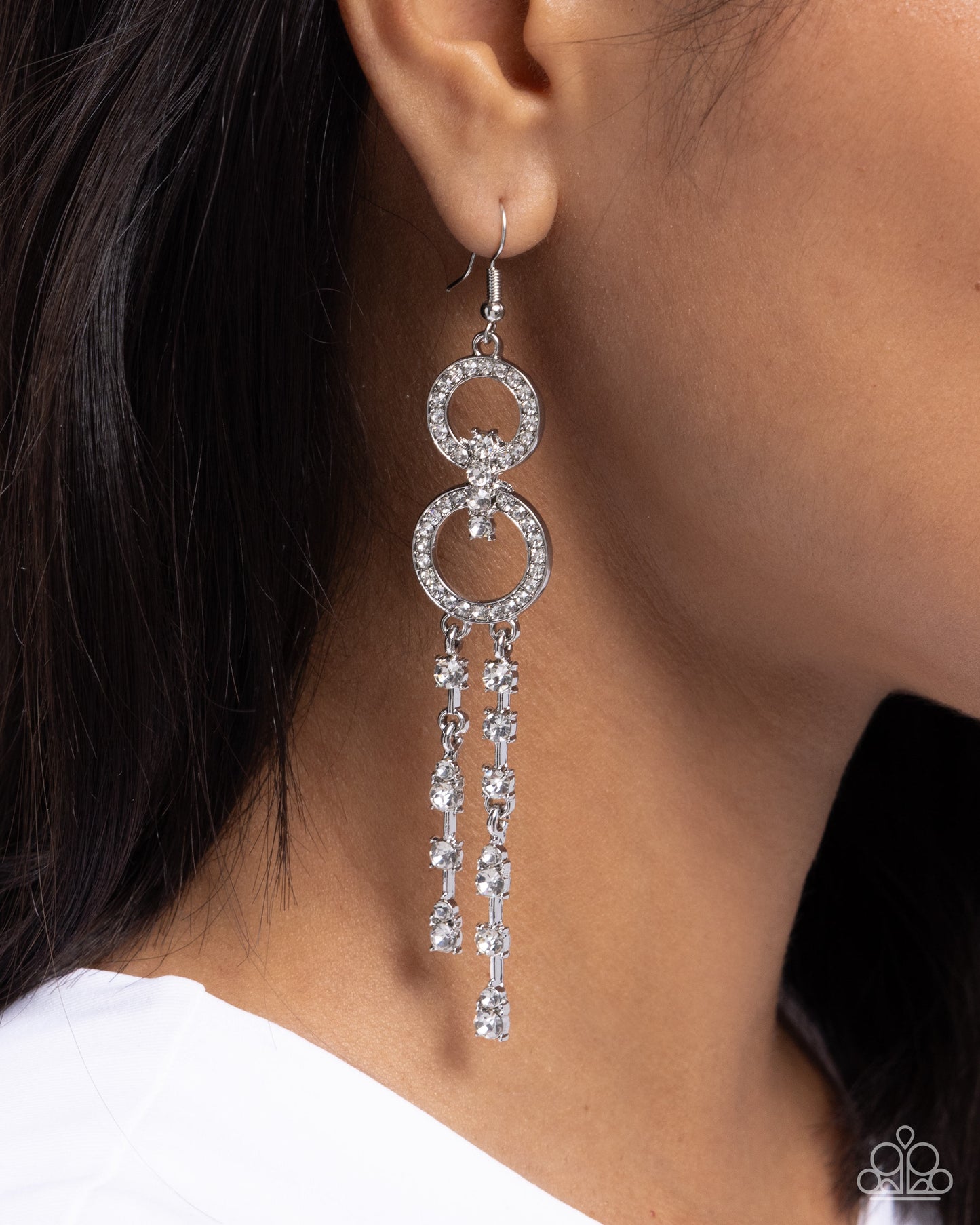 Chic Crowd - White Rhinestone, Gems & Silver Shimmery Earring Paparazzi E2385