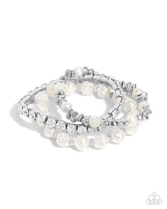 Fair Florals - White Rhinestone, Pearly Rosette Bead Set Of 3 Stretch Bracelets Paparazzi B1948