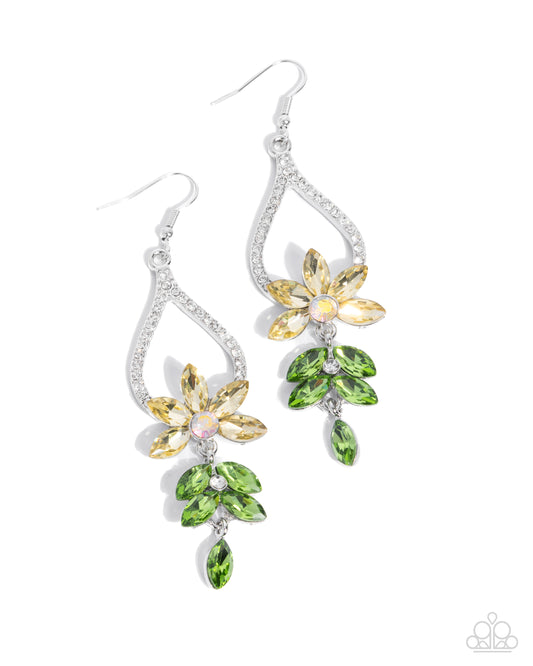 Floral Fuss - Yellow Gem Petals & Iridescent Rhinestone Floral Earring Paparazzi E2411