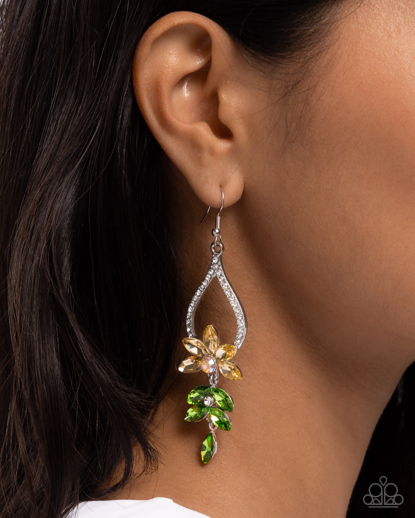 Floral Fuss - Yellow Gem Petals & Iridescent Rhinestone Floral Earring Paparazzi E2411