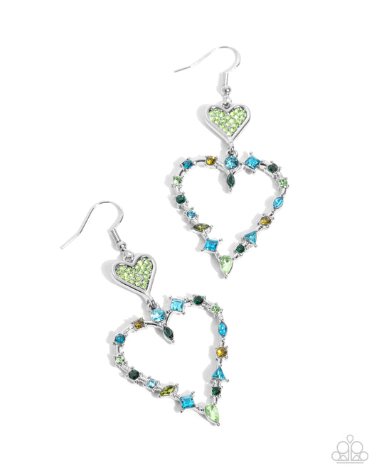 Parallel Passion - Green , Blue Rhinestone & Silver Heart Earring Paparazzi E2395