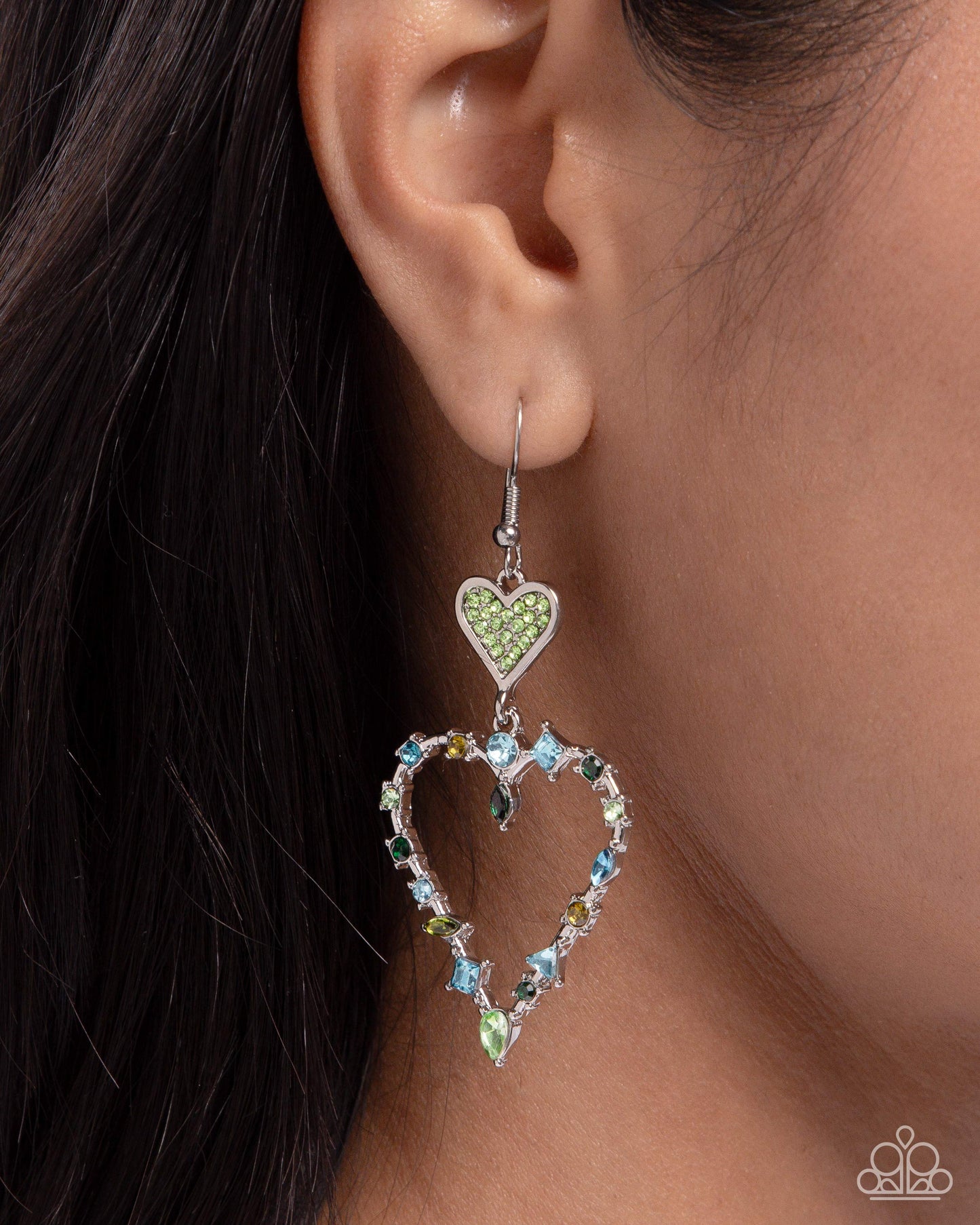 Parallel Passion - Green , Blue Rhinestone & Silver Heart Earring Paparazzi E2395
