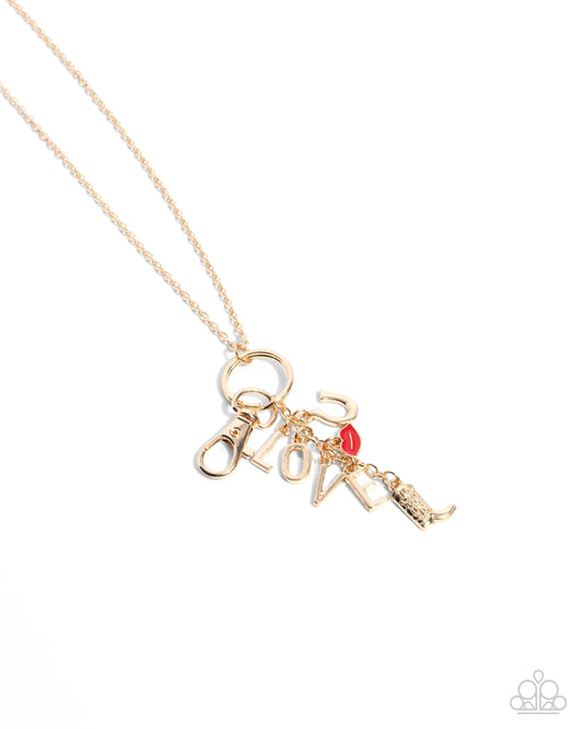 Trendy Tassel - Gold Cowboy Boot & Horseshoe, Red Lip, "LOVE" Charm Santa Fe Style Necklace N2413