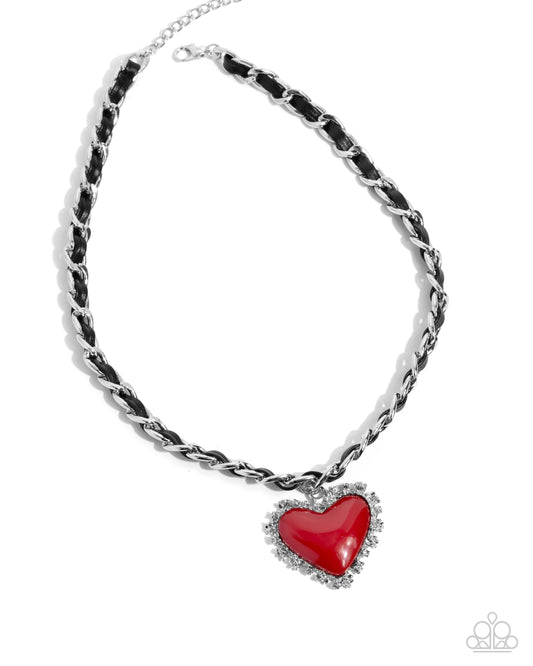 Austere Attraction - Red Heart And Black Ribbon Necklace Paparazzi N2818