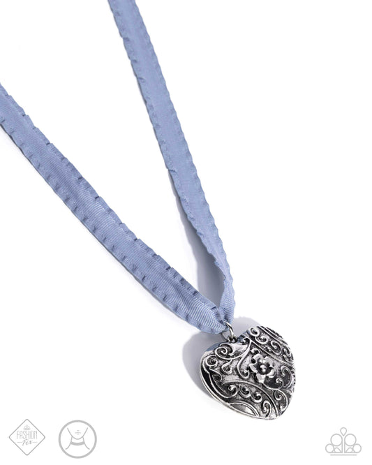 Rustic Ranking - Blue Chambray Ribbon, Silver Filigree Heart Glimpses Of Malibu Necklace Fashion Fix August 2024 Paparazzi N3611