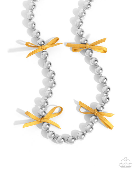 Elegant Event - Yellow Golden Palm Ribbon & Silver Bead Necklace Paparazzi N3415