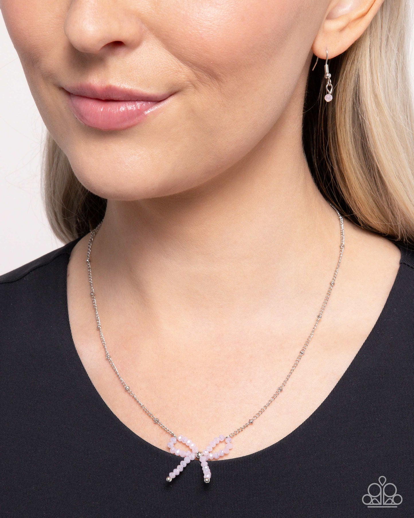 Bridesmaid Bow - Pink - Soft Pink Bead Bow & Satellite Chain Necklace Paparazzi N3104
