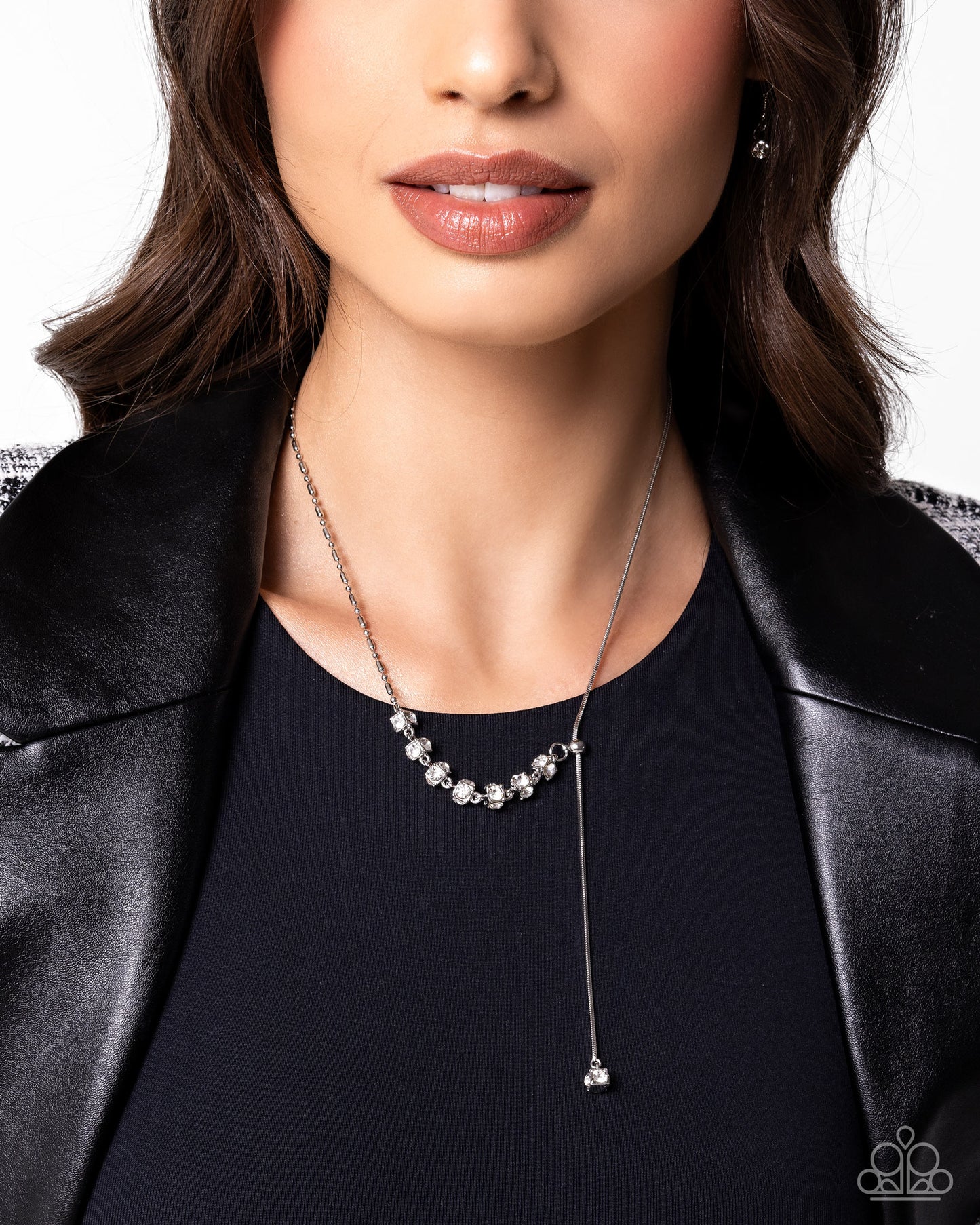 Drops of Dazzle - White Rhinestone Embellished Silver Cube Lariat Necklace Paparazzi N2958