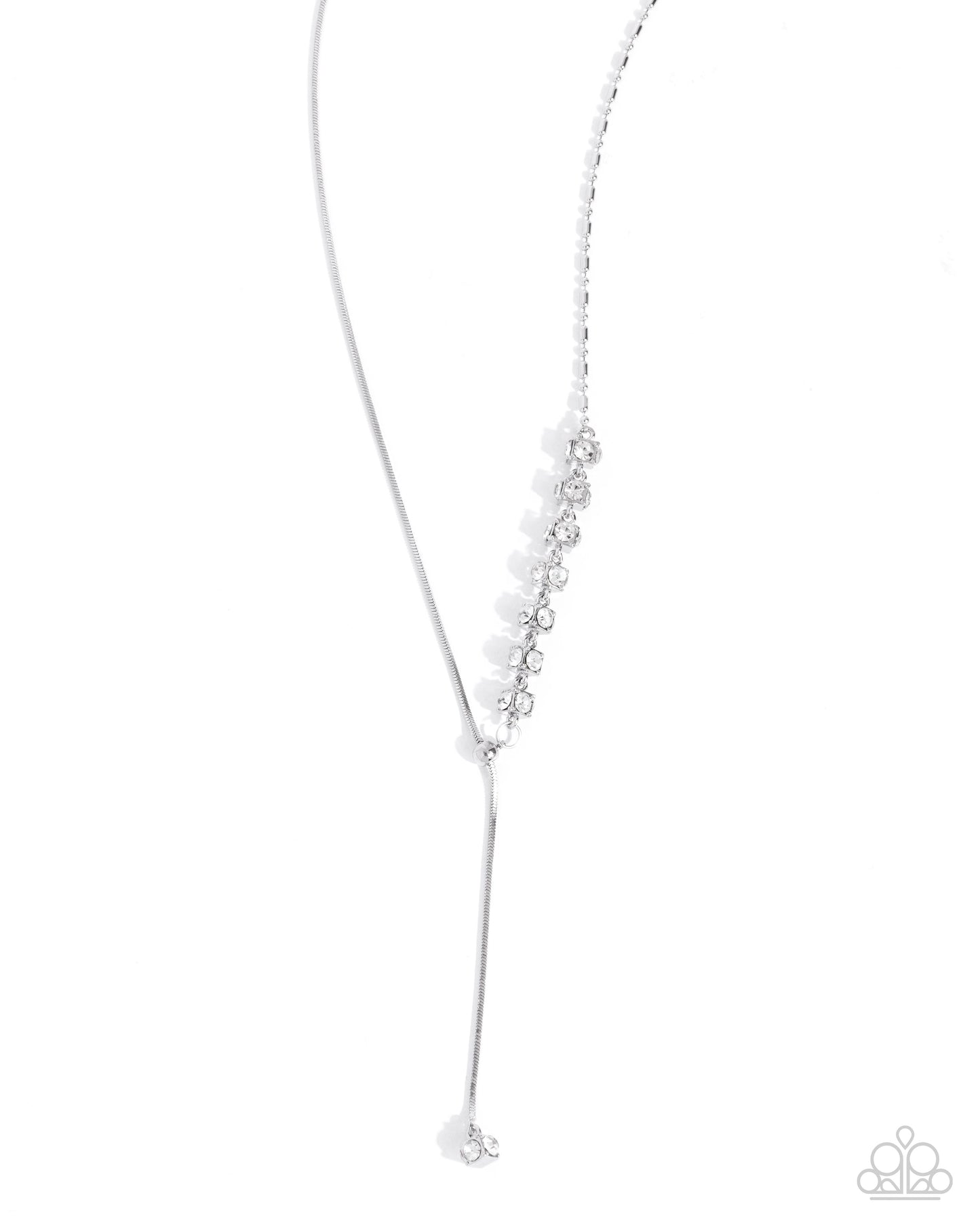 Drops of Dazzle - White Rhinestone Embellished Silver Cube Lariat Necklace Paparazzi N2958