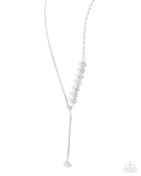 Drops of Dazzle - White Rhinestone Embellished Silver Cube Lariat Necklace Paparazzi N2958