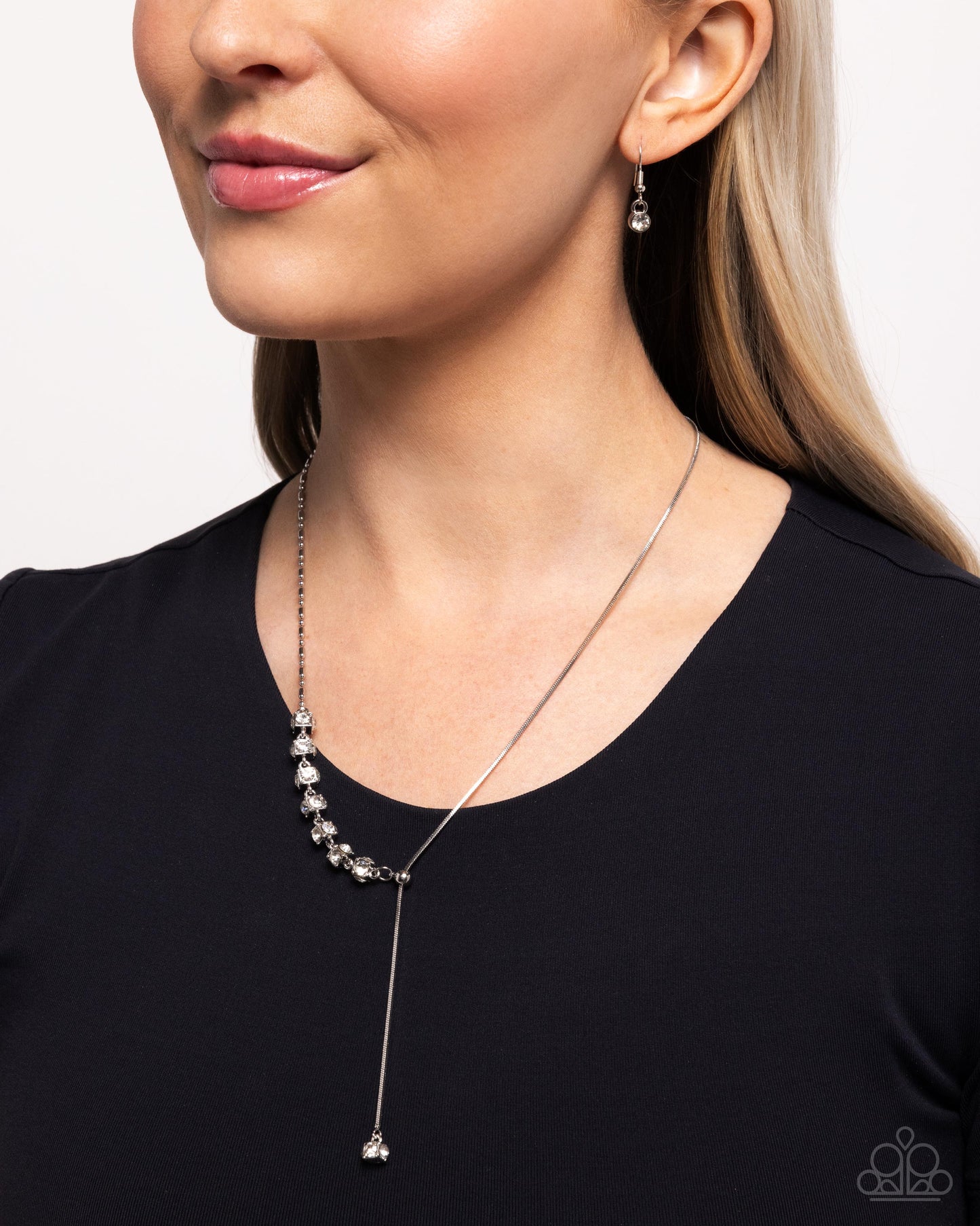Drops of Dazzle - White Rhinestone Embellished Silver Cube Lariat Necklace Paparazzi N2958