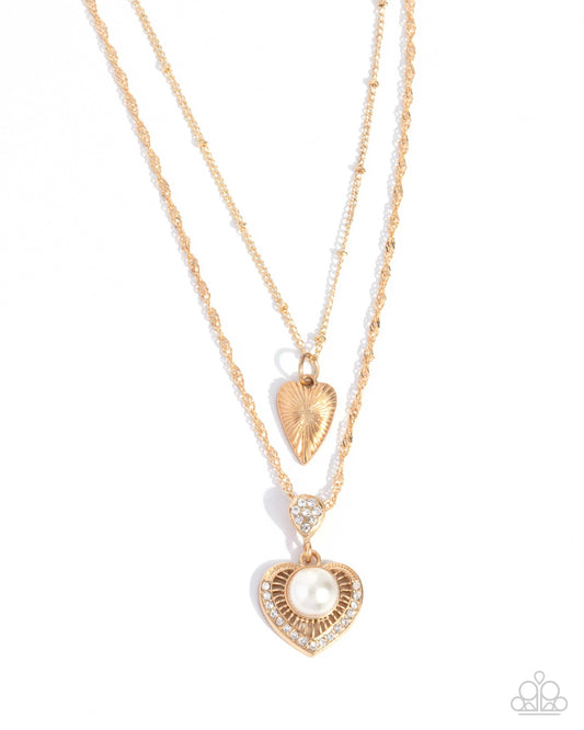 Abstract Affection - Gold Heart & Pearl Layered Necklace Paparazzi N3367