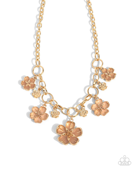Secretive Sprig - Brown Painted & Light Peach Rhinestone Flower Necklace Paparazzi N2823